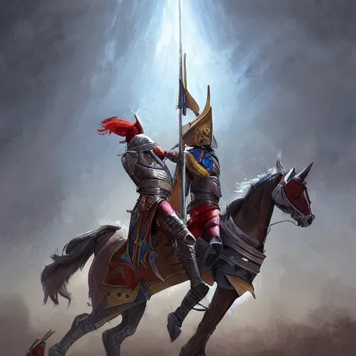 Image similar to two mounted knights tilting against each other in a jousting tournament, art by artgerm and greg rutkowski and magali villeneuve, d & d, fantasy, highly detailed, digital painting, trending on artstation, concept art, illustration
