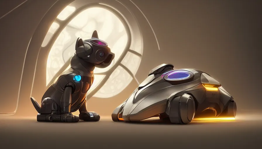 Prompt: a futuristic pet robot by artgerm and greg rutkowski and alphonse mucha, zaha hadid, cat dog teddy mix, volumetric light, detailed, octane render, midsommar