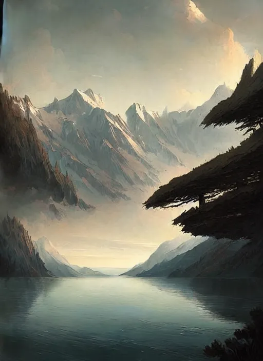 Prompt: epic mountain view surrounded by lake highly detailed, digital painting, concept art, smooth, sharp focus, illustration, art by greg rutkowski