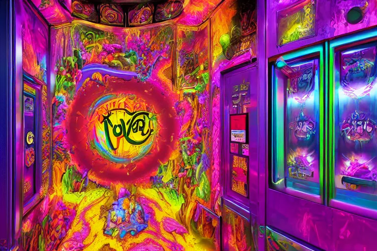 Image similar to lisa frank elevator in hell, hyperdetailed octane render scene from a tv show 55mm