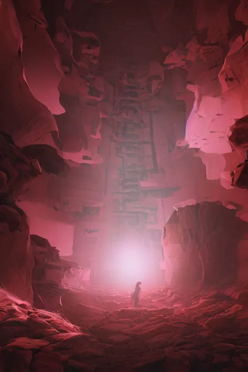 Prompt: Artwork by Beeple of the cinematic view of the Deadly Cave of Spirits, Infernal, Writings.