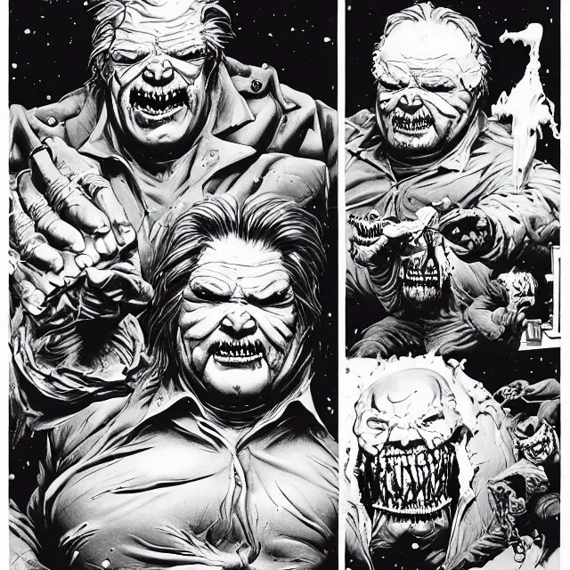 Prompt: fat smooth john carpenter flesh monster kurt russel by bernie wrightson and killian eng and joe fenton, mccready the thing 1 9 8 2 creature john carpenter by stanley artgerm lau, antarctica, research station, snow, wlop, the thing alien assimilation, metamorphose, rossdraws, frank frazetta, andrei riabovitchev, marc simonetti