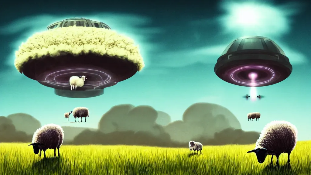 Image similar to sheep in a field being abducted by a ufo!, hyper energy, punk aesthetic, concept art, sharp focus, illustration,