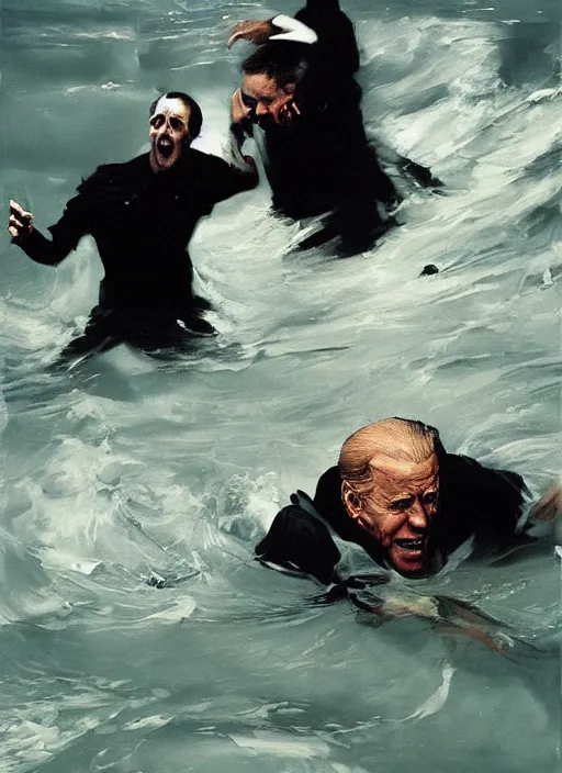 Prompt: joe biden drowning, water rushing lungs, fear!!!!!! scary, painting by phil hale, fransico goya,'action lines '!!!, graphic style, visible brushstrokes, motion blur, blurry, visible paint texture, crisp hd image