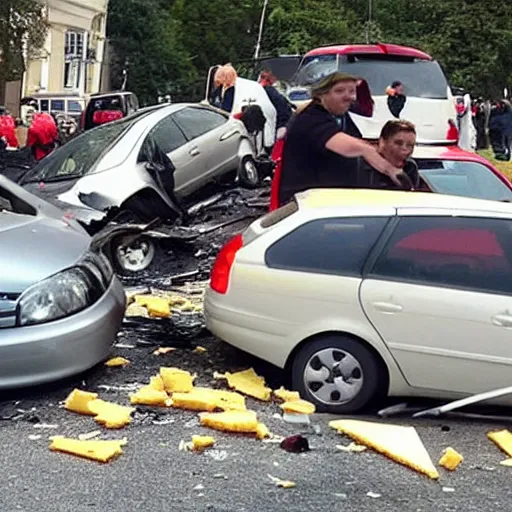 Prompt: car crash, but the people are cheese