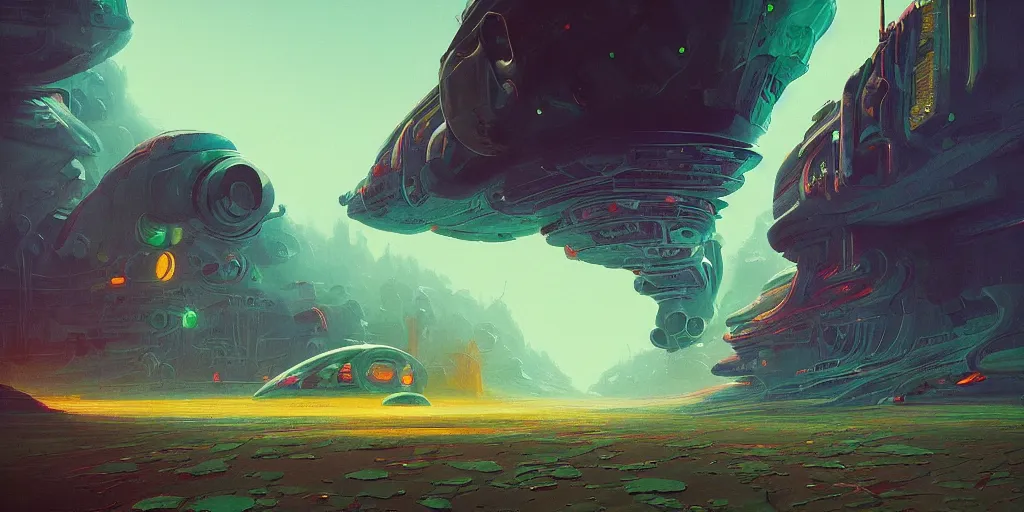 Image similar to look on my works ye mighty and despair, a highly detailed cinematic oil painting by roger dean and alena aenami, crashed spaceship!!, dynamic lighting