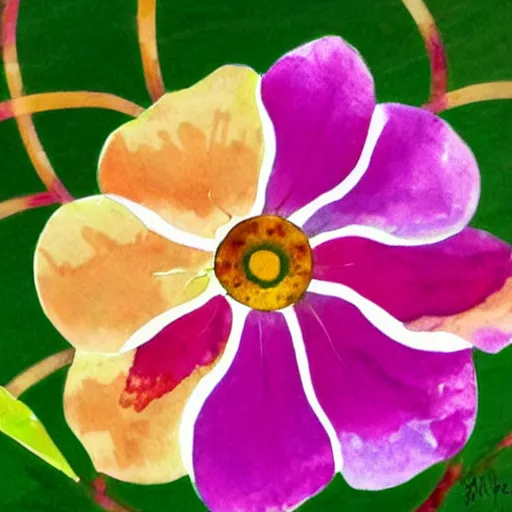 Prompt: morning glory, a flower with pink petals and yellow stem, radial symmetry, water color with limited color palete