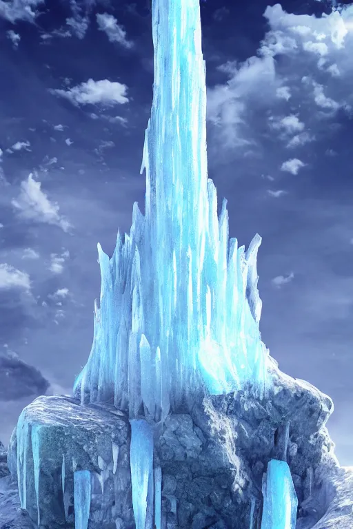 Image similar to elaborate surreal tower of stone and ice extending down from the skies, concept art, blue and purple coloring, 4k