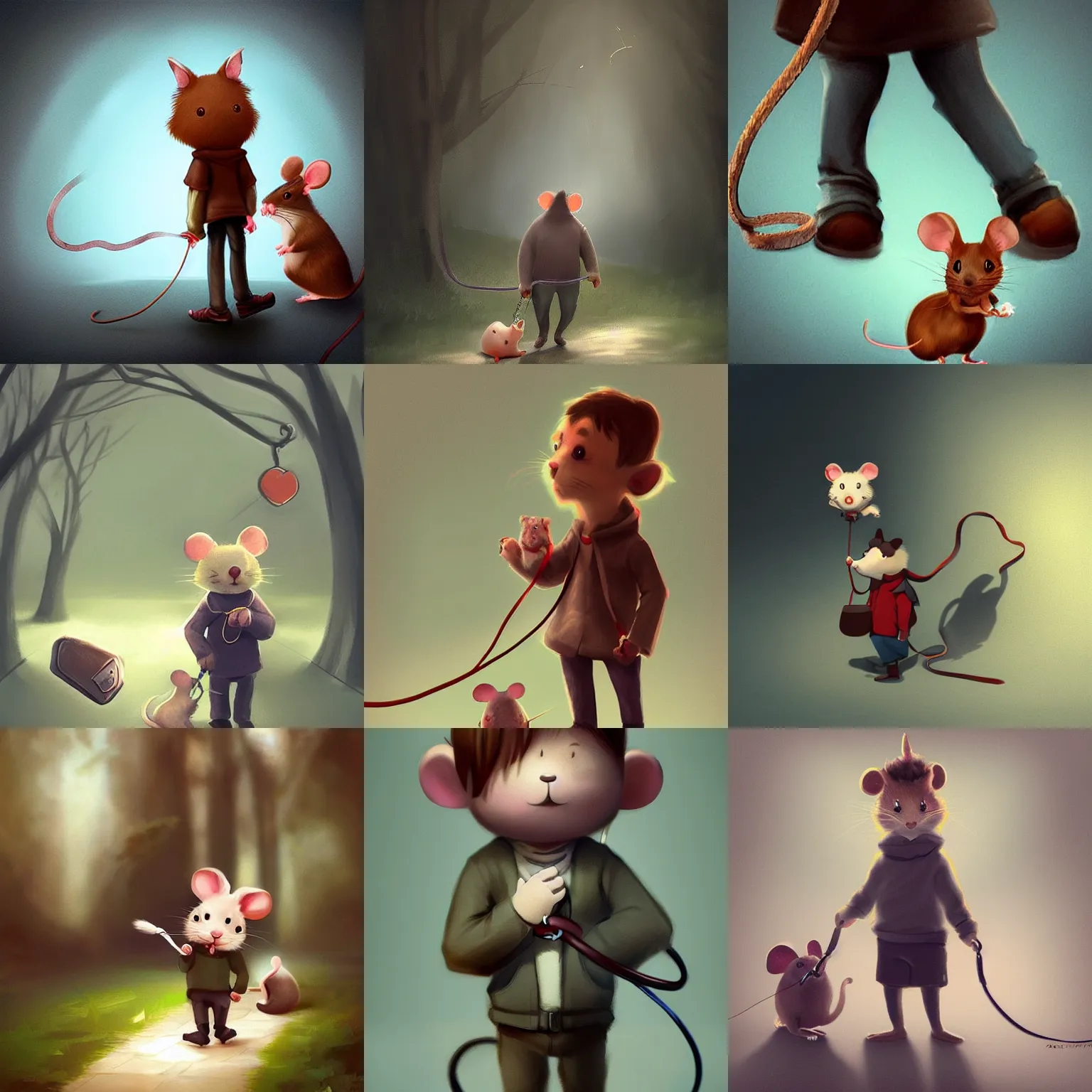 Prompt: man walking a cute mouse on a leash, digital art, touching, emotional, artstation