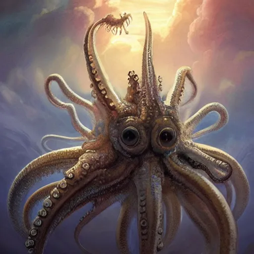 Prompt: angel squid monster with eyes on his tentacles looking at you sunset clouds digital painting, artstation, concept art, soft light, hdri, smooth, sharp focus, illustration, fantasy, intricate, elegant, highly detailed, D&D, matte painting, in the style of Greg Rutkowski and Alphonse Mucha and artemisia, 8k, highly detailed, jurgens, rutkowski, bouguereau, pastoral, rustic, georgic