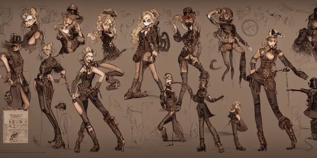 Image similar to steampunk britney spears, character sheet, concept design, contrast, kim jung gi, greg rutkowski, zabrocki, karlkka, jayison devadas, trending on artstation, 8 k, ultra wide angle, pincushion lens effect