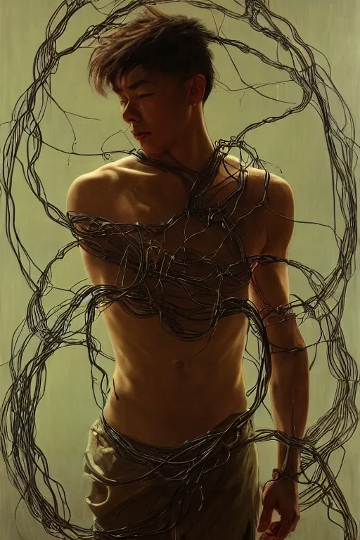 Image similar to hyperrealist portrait of elijah zu bailey, it is decorated with long wires that fall like vines and wears small computers over their body. by jeremy mann and alphonse mucha, fantasy art, photo realistic, dynamic lighting, artstation, poster, volumetric lighting, very detailed faces, 4 k, award winning