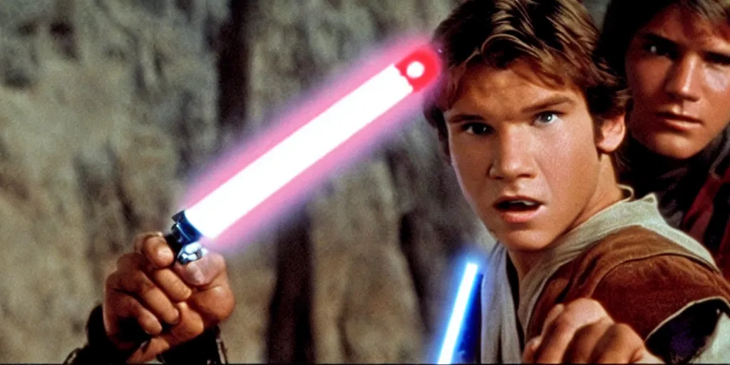 Image similar to A full color still from a film of a teenage Han Solo as a Jedi padawan holding a lightsaber hilt, from The Phantom Menace, directed by Steven Spielberg, 35mm 1990