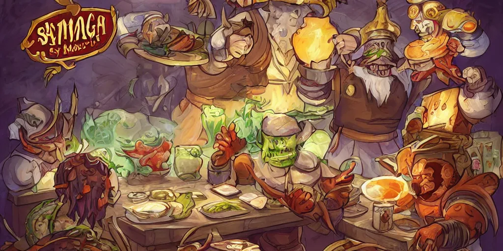 Image similar to card design concept art for a fantasy game about chefs and food and monsters, symmetrical, magic, by magic the gathering and hearthstone and teamfight tactics