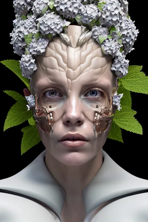 Image similar to complex 3 d render, hyper detailed ultrasharp biomechanical female cyborg portrait with a beautiful porcelain profile face, elegant crown with big hydrangea foliage leaves stems roots, alexander mcqueen haute couture, art nouveau fashion, 8 k