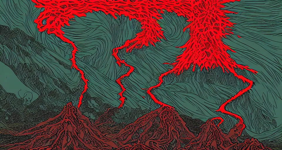 Prompt: a volcano made of ivory vines and crimson rocks enters in eruption, it spits a smoke in the shape of demonic eye, by Dan mumford,