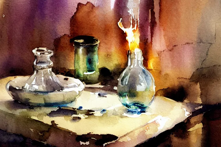 Prompt: small centered on watercolor paper, paint brush strokes, abstract watercolor painting of medieval smith, kiln, glow, cinematic light, glass bottle, glass vase, transparent glass, national romanticism by hans dahl, by jesper ejsing, by anders zorn, by greg rutkowski, by greg manchess, by tyler edlin