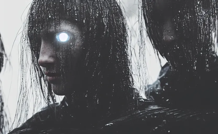 Image similar to cinestill 5 0 d candid photographic portrait by christopher nolan of two loving female androids wearing rugged black mesh techwear in treacherous waters, extreme closeup, modern cyberpunk moody emotional cinematic, pouring rain menacing alien ship lights, 8 k, hd, high resolution, 3 5 mm, f / 3 2, ultra realistic faces, ex machina