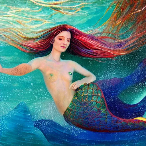 Image similar to a beautiful art installation of a mermaid swimming in the ocean. her long, flowing hair streams behind her as she gracefully navigates the water. a coral reef and colorful fish can be seen in the background. by nicolas mignard, by alyssa monks highly detailed