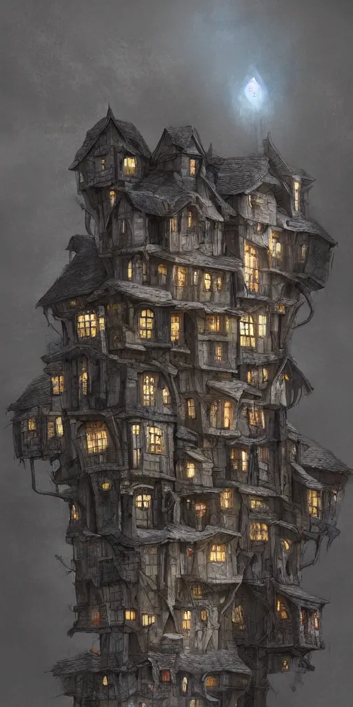 Prompt: multiple medieval houses stacked on each other, creating a thin monolith, concept art, very tall, trending on deviantart, movie still, award wining photograph