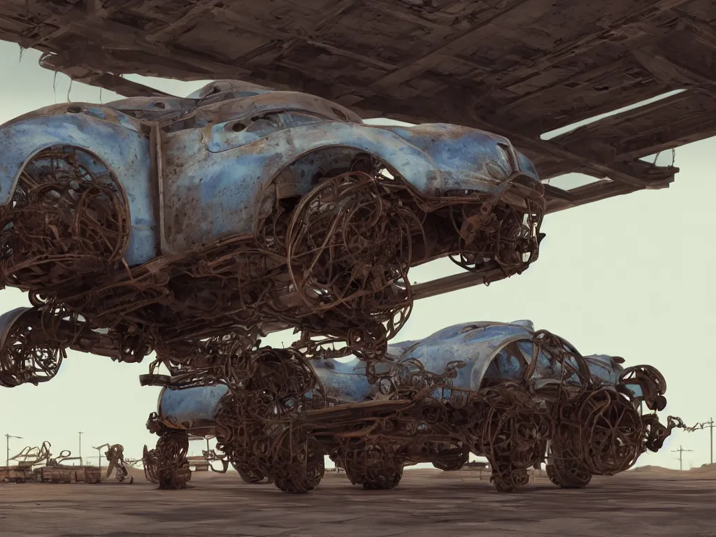 Prompt: in the American southwest, professional publicity photo of a clunky futuristic industrial vehicle with greebles, chipped paint weathered with rust and symmetrical tyres; photorealistic portrait Lomography by Syd Mead; hyper realistic octane render, 8k post processing is very detailed, moody lighting, Maya+V-Ray +metal art+ extremely detailed, beautiful, unreal engine, ambient occlusion, subsurface scatter, metallic surfaces, radiosity, trending on Artstation