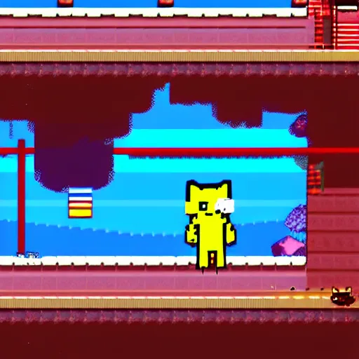 Image similar to a 2 d sprite platformer where a cat is jumping,