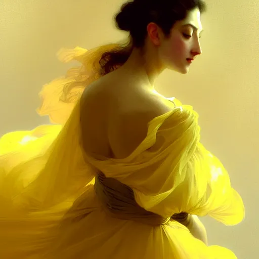 Image similar to a voluminous woman in a yellow organza dress dancing, intricate, elegant, digital painting, concept art, smooth, sharp focus, illustration, from metal gear, by ruan jia and mandy jurgens and william - adolphe bouguereau, artgerm