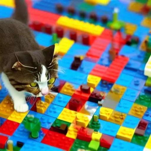 Prompt: a cat swiping at a lego city