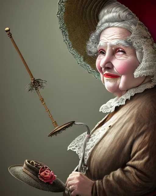 Image similar to highly detailed closeup, of a fat shiny ceramic white hair old wrinkled woman dressed in victorian hat and clothes holding an umbrella over her head, hyper realistic, artstation, illustration, nicoletta ceccoli, mark ryden, lostfish, dan decarlo, bob clampett, max fleischer, digital paint, matte paint, vivid colors, detailed and intricate environment