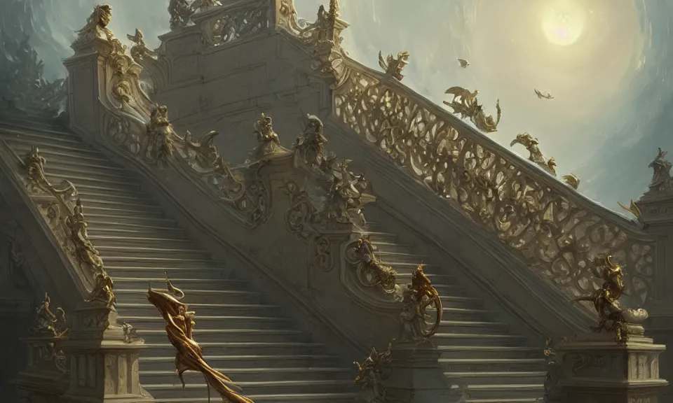 Prompt: straight staircase with ornate statues to heaven, art by greg rutkowski and peter mohrbacher, featured in artstation, octane render, cinematic, elegant, intricate, ultra detailed, rule of thirds, professional lighting, unreal engine, fantasy, concept art, sharp focus, illustration, 8 k