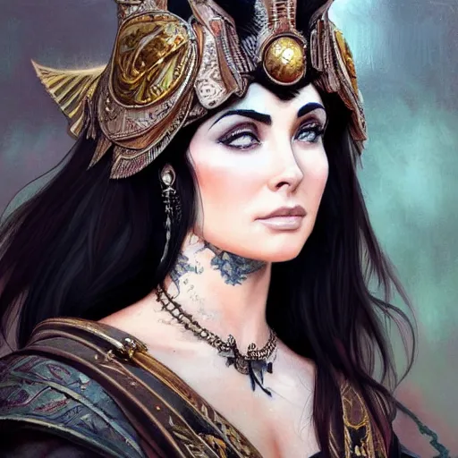 Prompt: an attractive young tattooed north female with piercings wearing an raven feathered helmet, elizabeth taylor, olive skin, long dark hair, beautiful bone structure, intricate, elegant, highly detailed, digital painting, artstation, concept art, smooth, sharp focus, illustration, art by artgerm and greg rutkowski and alphonse mucha