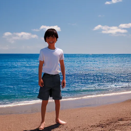 Image similar to Anime boy standing on the beach, smiling at the camera. Blue sky. Anime Still frame.