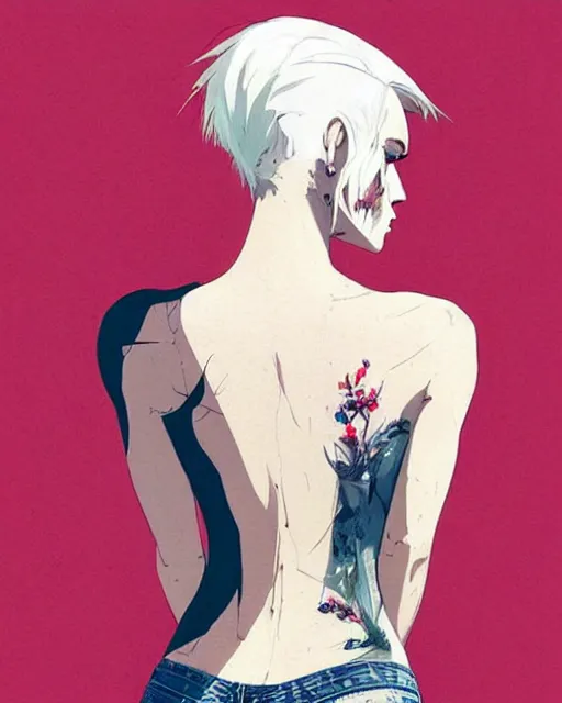 Image similar to a ultradetailed beautiful back painting of a stylish woman with white hair in a short pony tail, she is wearing jeans, by conrad roset, greg rutkowski and makoto shinkai trending on artstation