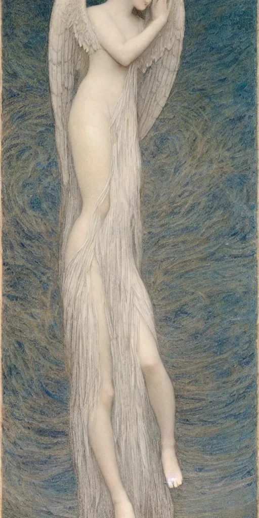 Image similar to Say who is this with silver hair so pale and Wan and thin? Feminine angel in the style of Jean Delville, Lucien Lévy-Dhurmer, Fernand Keller, Fernand Khnopff, oil on canvas, 1896, 4K resolution, aesthetic, mystery