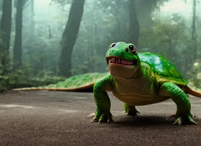 Image similar to film still of real life dinosaur turtle yoshi in the new sci - fi movie, 8 k