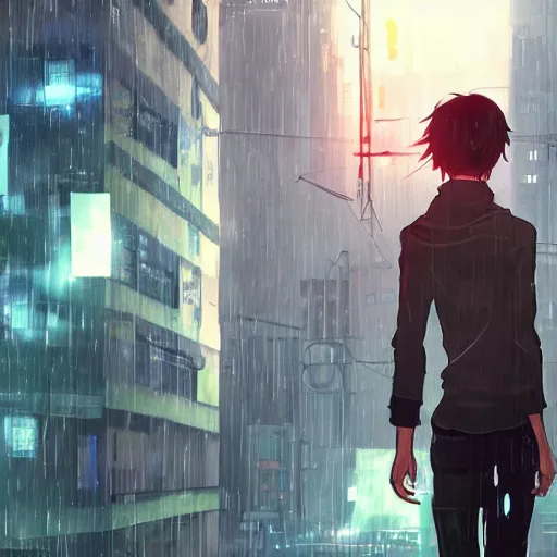 Image similar to android cyborg in urban dystopia makoto shinkai raining
