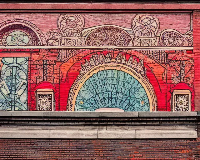 Image similar to photo of an outdoor mural from the early 1 9 0 0 s in the style of art nouveau, red curtains, art nouveau design elements, art nouveau ornament, brick wall, opera house architectural elements, painted on a brick wall, outdoor mural, mucha, masonic symbols, masonic lodge