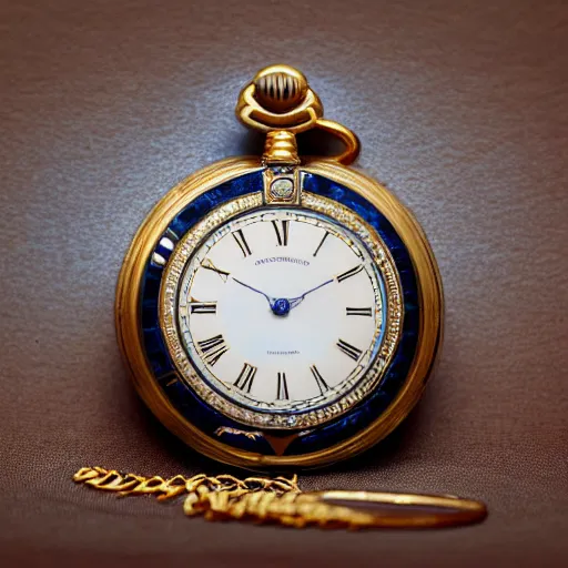 Image similar to close up photo of a sapphire and gold pocket watch, high detail, complex