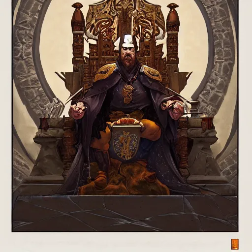 Prompt: painting of an old powerful medieval king driven mad, sitting in his throne room all alone, highly detailed, digital painting, artstation, concept art, tarot card, symmetry, dark fantasy, sharp focus, illustration, art by Joe Madureira and Artgerm and Greg Rutkowski and Alphonse Mucha