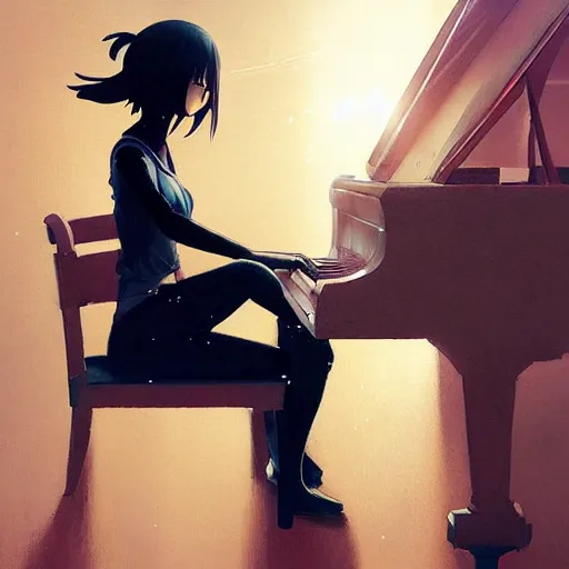 Image similar to anime girl Playing the Piano instrument , digital Art, Greg rutkowski, Trending cinematographic artstation