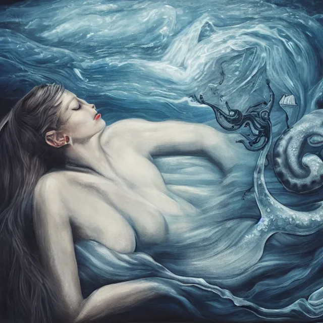 Image similar to a female art student falling asleep, misty, iceberg, black paint, dark, sensual, dreamy, waves, swirls, blue drips, squashed berries, octopus, neo - impressionist, surrealism