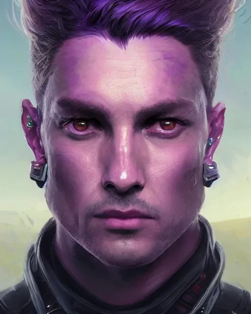 Prompt: '' Face portrait of a handsome reptilian fighter, purple eyes, long hair with a ponytail , sci-fy, cyberpunk, high detail, 4k , digital painting, artstation, concept art, sharp focus, illustration, art by greg rutkowski and alphonse mucha ''