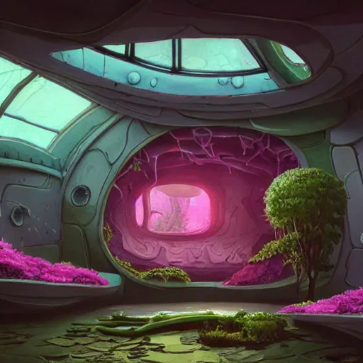 Prompt: concept art painting of a interior of a circular alien fantasy fungus house, realistic, detailed, cel shaded, magenta and gray, dark, in the style of makoto shinkai and greg rutkowski and james gurney