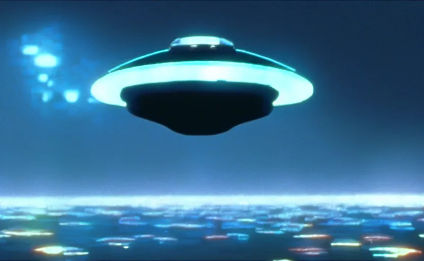 Image similar to a cell - shaded cartoon movie still from independence day ( 1 9 9 6 ) of a chrome ufo. very dull muted colors, hd, 4 k, hq