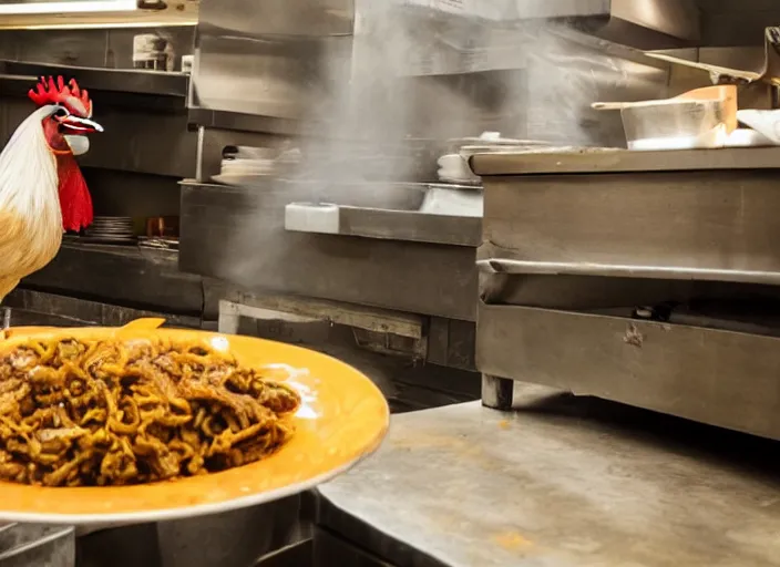 Prompt: photo of a rooster working in a chinese restaurant kitchens