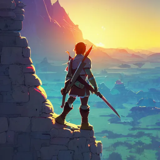 Prompt: cell shaded cartoon, warrior watching the sunrise over a battlefield,, illustration, wide shot, subtle colors, concept art by josan gonzales and wlop, laurie greasley, jordan grimmer and james jean, highly detailed, sharp focus, trending on artstation, hq, deviantart, art by artgem, in the style of breath of the wild