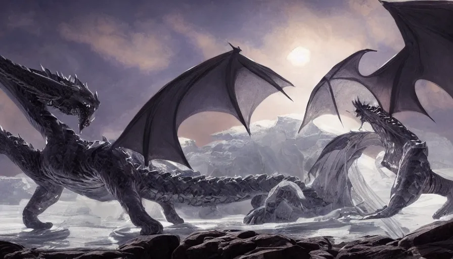 Prompt: epic ice dragon with trendy shapes in a nordic landscape under aurora and stars, set in the words of the Forgotten Realms and Guildwars2, painted by Hans Fredrik Gude, N.C.Wyeth and Artgerm, concept art 2022, ultra realistic masterpiece