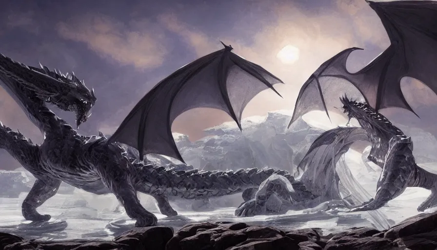 Image similar to epic ice dragon with trendy shapes in a nordic landscape under aurora and stars, set in the words of the Forgotten Realms and Guildwars2, painted by Hans Fredrik Gude, N.C.Wyeth and Artgerm, concept art 2022, ultra realistic masterpiece