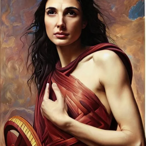 Image similar to Full body oil painting of the beautiful woman Gal Gadot, she is wearing some withe ancient greek cloths and a surreal ornate, her hair is natural disheveled, naturalism, dramatic lighting, high-detailed oil painting by Ilya Repin, Michelangelo da Caravaggio, William Blake, Alex Grey and Beksinski, trending on Artsatio, masterpiece, 4k, 8k,