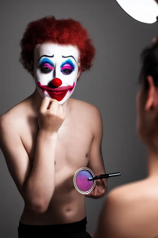 Image similar to a clown putting on makeup, fine - art photography, portrait, award - winning photo, 4 k, 8 k, studio lighting, nikon d 6, 3 5 mm